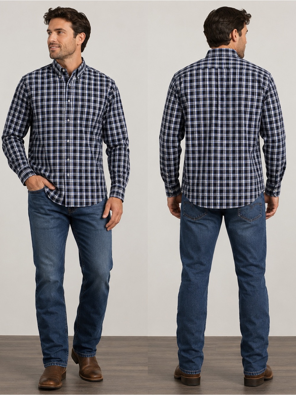 Wrangler Riata Men’s XL Blue Plaid Button Front Long Sleeve Shirt Western Casual